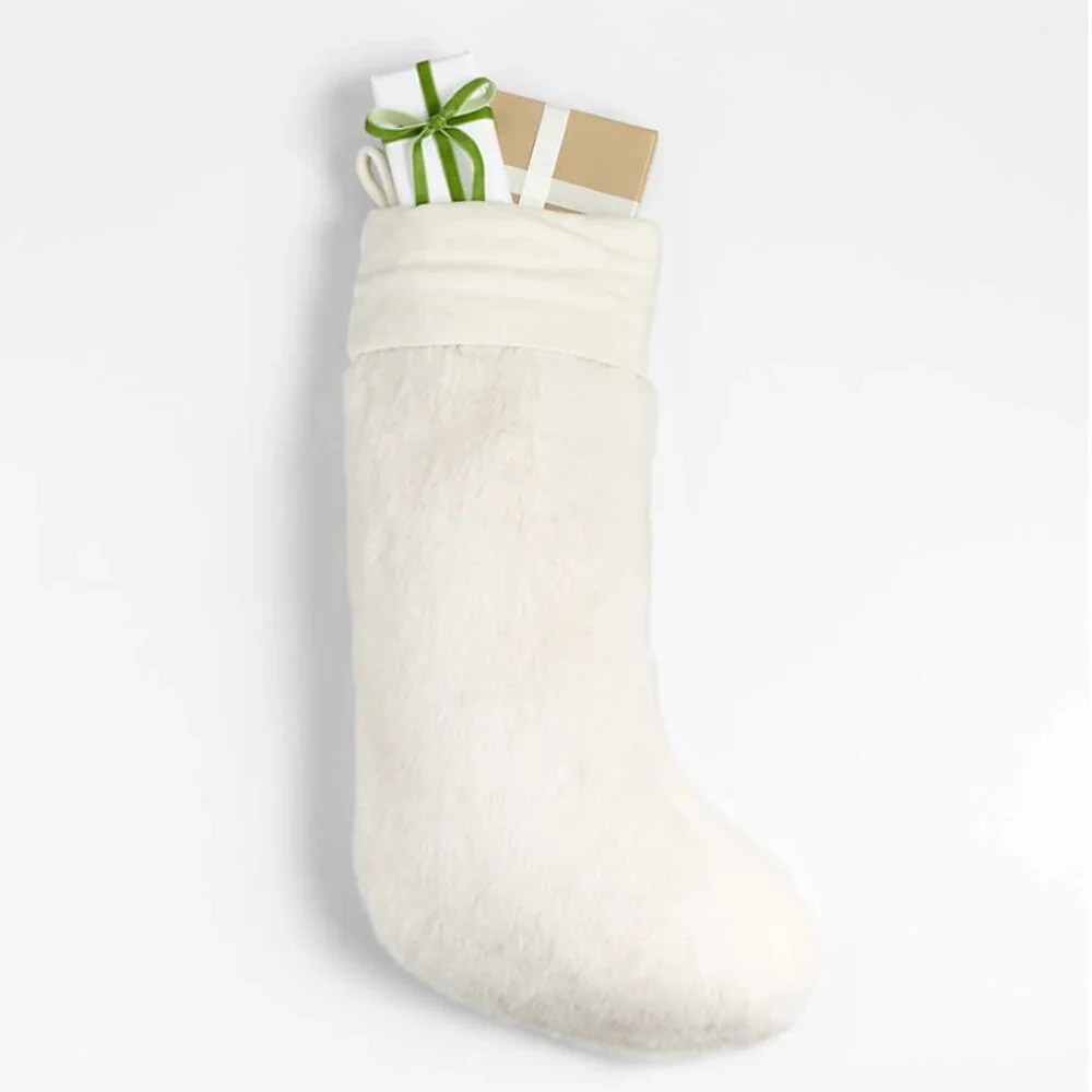 Crate & Barrel Warm White Faux Fur Christmas Stocking
